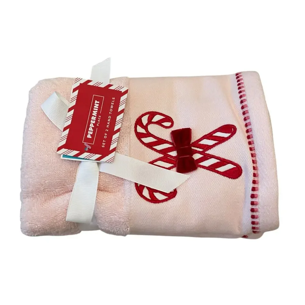 Set of 2 Pink Christmas Hand Towels Peppermint Candy Cane Bow 100% Cotton NEW